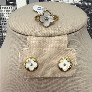 Stainless Steel Gold & White Floral Ring and Stud Earring Set